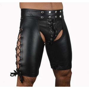 <b>Men's</b> Black Sexy Tight Pu Leather Shorts Solid Pattern Casual Faux Front Bandage Drawstring Closure High Waist Eco-Friendly - Product Image 1
