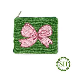 Saints <b>Headbands</b> Preppy Boutique Green Beaded Purse With Pink <b>Bow</b> Handmade Rectangular Zipper Wallet - Product Image 1