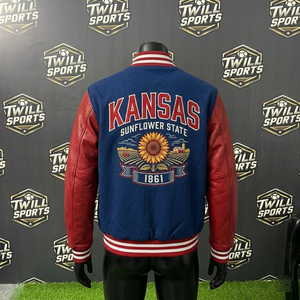 Veste universitaire Kansas pour homme, bleu et rouge, manches en cuir, broderie Sunflower State 1861, style preppy, vêtement d'automne - Product Image 4