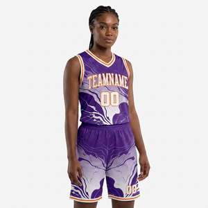 Maillot de basket-ball personnalisé sublimé pour hommes, sans manches, col rond, violet, blanc, orange, impression du nom de l'équipe, coupe athlétique, vêtements pour toutes les saisons - Product Image 3