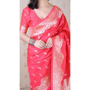Sari en soie douce Banarasi rose Elite Weaves avec broderie Zari argentée, vêtements indiens et pakistanais, 650g - Product Image 5