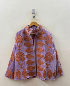 Blouson en velours violet brodé avec col montant, manches longues, vêtement d'extérieur pour femme, automne, manteau à motifs fait main - Product Image 3