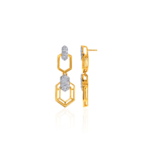 Luxury Gold Tone Geometric Hexagonal <b>Dangle</b> <b>Earrings</b> with Brilliant Clear Crystal Stone Accents Long Drop Statement Fashion - Product Image 3