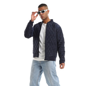 Men's Quilted Bomber Jacket Solid Navy Blue <b>Covered</b> <b>Button</b> Closure Casual Winter Wear Regular Fit 100% Wool Outerwear Patchwork - Product Image 5