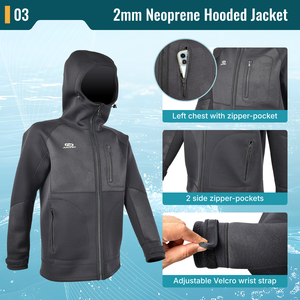 Chaqueta con Capucha de Neopreno de 2mm, Personalizable OEM/ODM, Negra/Geométrica, para Surf, con Cremallera YKK y Bolsillo para Teléfono Inteligente - Product Image 4