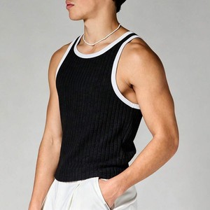 2026 New Arrival <b>Men's</b> Black Ribbed Knit Tank Top With <b>White</b> Trim Casual Sleeveless <b>Vest</b> O-Neck Solid Color Breathable Fit <b>Vest</b> - Product Image 5