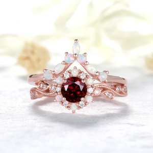 Garnet Opal CZ 925 Silver 14k Rose <b>Gold</b> Plated Engagement Ring Set Art Deco Stackable Bridal Ring - Product Image 5