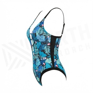 Traje de baño de una pieza para mujer con cuello en V profundo, estampado tropical, ahuecado y elástico - Product Image 3