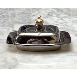 Élégante becasse à beurre dorée mate avec couteau, récipient à beurre en acier inoxydable, plateau à beurre en métal avec couvercle décoratif unique en forme de fruit - Product Image 4