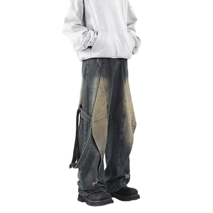 Pantalon en jean vintage délavé pour homme, style crayon, effet moustaches, tendance - Product Image 5