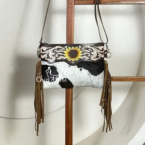 Hot Selling Premium Brown <b>Tooled</b> <b>Leather</b> Crossbody Fringe Bags New Hair on Fur <b>Leather</b> Sunflower Pattern Ladies Shoulder Bags - Product Image 1