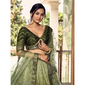 Merveilleux paillettes vertes Chinon Mehendi Wear Lehenga Choli - Product Image 5