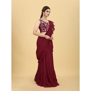 LEHENGA SAREE DE GEORGETTE LISO PARA FIESTA CON BLUSA SIN COSTURAR ROJO - Product Image 2