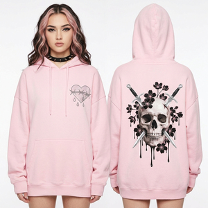 เสื้อฮู้ดดี้สีชมพูพาสเทล 350GSM แบบสั่งทำพิเศษสำหรับผู้หญิง พิมพ์ลายกราฟิกหัวกะโหลกและดาบลายดอกซากุระ สไตล์สตรีทแวร์ ทรงโอเวอร์ไซส์ - Product Image 1