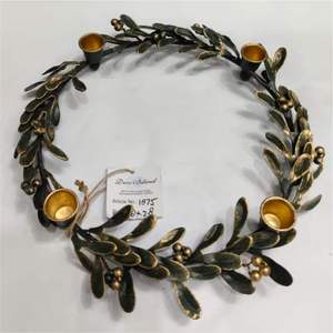 Modern Metal Floral Wreath Decorative Wall Accent Round Handmade Unlit Crafted with Gold Blue Gray <b>Pinecone</b> Design - Product Image 2