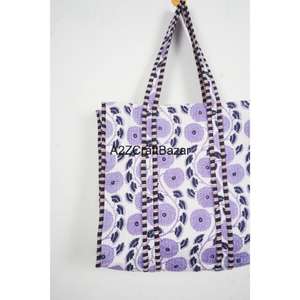 Handmade Cotton <b>Quilted</b> <b>Tote</b> <b>Bag</b> Striped Pattern Eco-Friendly Travel Storage Shoulder <b>Bag</b> Large Size Zipper Closure Long Handle - Product Image 5