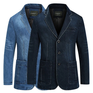 Men's Slim Fit Denim Blazer <b>Smart</b> <b>Casual</b> <b>Jacket</b> Turn Collar Single Breasted Blue Washed Cotton Lining Winter Outerwear Front - Product Image 1