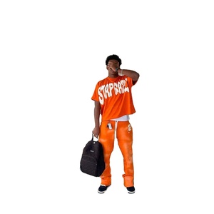 Ensemble de survêtement décontracté respirant avec logo frontal, T-shirt court et ample, et pantalon évasé, pour ODM/OEM - Product Image 2