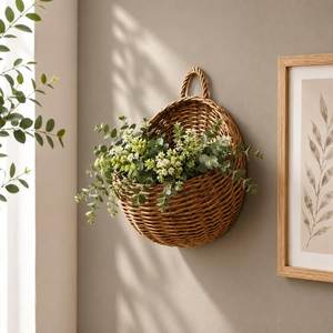 Maceta de pared con forma de manzana de ratán, cesta de almacenamiento rústica hecha a mano con asa para decoración de la sala de estar - Product Image 3
