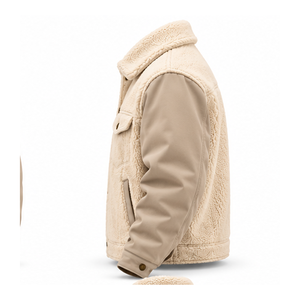Men's Beige <b>Fleece</b> Jacket With <b>Sherpa</b> Lining Turn Down Collar Button Closure Contrast Leather Sleeves Windproof OEM Wholesale - Product Image 6