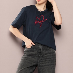<b>Women's</b> <b>Navy</b> Blue Crew Neck Printed T-Shirt Regular Fit Short Sleeve Casual Woven 100% Cotton <b>Top</b> Spring Summer Eco Friendly - Product Image 3