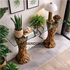 Mesa de Consola Hecha de Madera de Teca Sólida con Vidrio Transparente, Diseño Moderno, Duradera para Hogares, Hoteles y Villas - Product Image 3