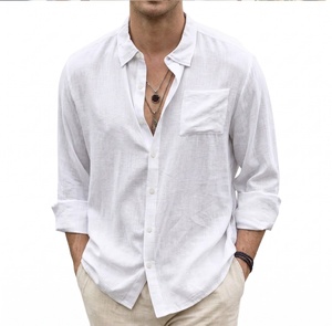 Camisa de Vestir de Lino y Algodón para Hombre, Manga Larga, Cuello Mao, Color Sólido, Popelina, Antiarrugas, Casual, Formal, Otoño - Product Image 2