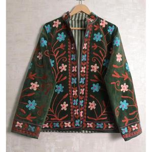 Boho Indian Velvet Suzani Embroidery Quilted Breathable <b>Stand</b> Jacket Women Handmade Long Sleeve Designer Ethnic Winter <b>Coat</b> - Product Image 3