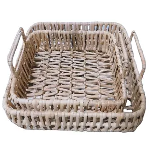 Plateau en rotin de bambou fait à la main plateau en rotin avec poignée tissé à la main plateaux ronds à haute paroi plateaux de séparation des aliments multi-usages - Product Image 1