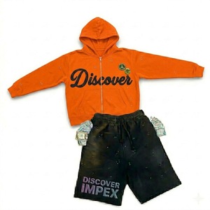 Ensemble de survêtement streetwear d'été personnalisé, 2 pièces, en coton épais 100%, comprenant un sweat à capuche zippé et un short, pour homme, style Hip Hop, avec impression en relief - Product Image 6