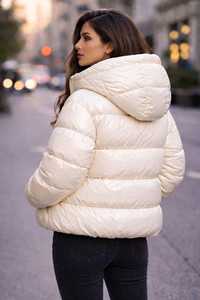 Women's Cream Quilted Puffer Jacket Hooded Full Sleeve Zipper Closure Thick Winter <b>Coat</b> Solid Color Woven Polyester - Product Image 3