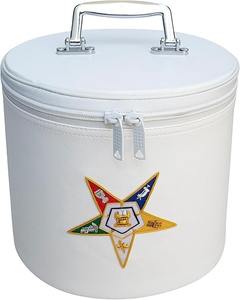 Premium Masonic Shriner Fez Hat Case <b>Black</b> Leather – Dual Emblems Front & Top (Machine Embroidery) with Shoulder Strap - Product Image 3