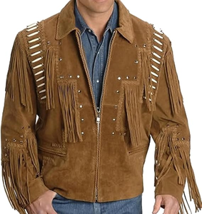 Handmade Brown Suede Leather Fringe Jacket <b>for</b> <b>Men</b> Western Cowboy Bone Style Tassel <b>Studded</b> Zip Up Vintage Outerwear - Product Image 6