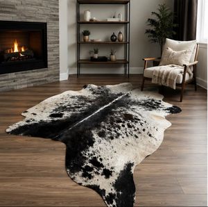 Tapis moderne en cuir de vachette, motif animalier noir et blanc naturel, forme originale, pour salon, avec envers en caoutchouc, poils plats - Product Image 1