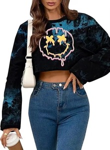 Women's Tie Dye Crop <b>Top</b> Long Sleeve O-Neck Knitted Sweatshirt Cartoon Smiley Print Y2K Style Autumn Wear - Product Image 4