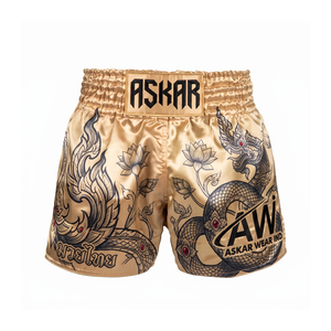 Shorts de boxe Askar vert avec ceinture dorée, sérigraphie, coupe ample, unisexe, 100 % polyester, légers, pour arts martiaux - Product Image 1