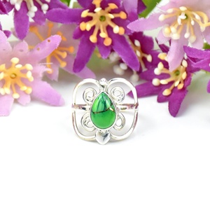 Anillo de Plata de Ley 925 con Gema de Turquesa Verde Cobre en Forma de Lágrima, Diseño en Espiral, Joyería de Filigrana, Anillo Moderno para Regalo - Product Image 1