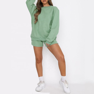 New Winter <b>Women</b> Sweatshirt and <b>Shorts</b> Set Custom Solid Cotton Polyester Blend Crewneck 2 Piece Loose Fit Set Wholesale - Product Image 4