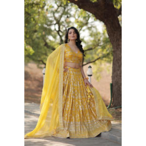 ชุด lehenga choli ผ้าแจ็คการ์ดแท้ย้อมสี - Product Image 1
