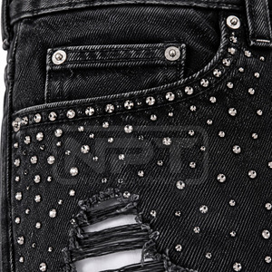 Professional Manufacturer 100% Cotton Rhinestone Distressed <b>Jeans</b> <b>Shorts</b> <b>High</b> <b>Waist</b> Custom Denim <b>Shorts</b> For Sale - Product Image 6