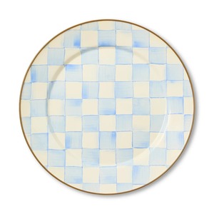 Round <b>Ceramic</b> <b>Plate</b> Set Handpainted Blue Checkered Pattern Minimalist Design Flat Dishware - Product Image 3