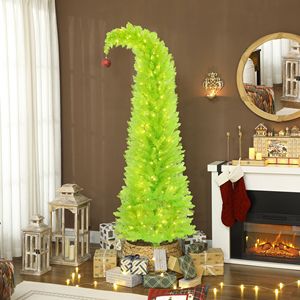 Sapin de Noël fantaisie à sommet incurvé de 7 pieds, pré-éclairé avec 250 lumières LED, design sapin crayon, boules rouges, base métallique, décorations de Noël - Product Image 2