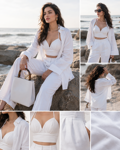 Elegant White Bohemian <b>Linen</b>/Cotton Eco-Friendly 3-Piece Beachwear Set High-Waisted Wide-Leg Pants Matching Bralette Crop <b>Top</b> - Product Image 6