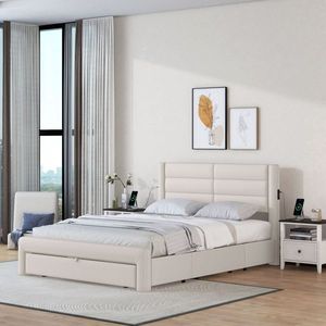 Queen Size Leather Upholstered Bed Frame with Drawer Storage and Charging Station Beige Platform Up-Holstered Bed - Product Image 1