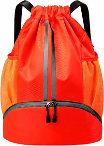Red <b>Drawstring</b> <b>Backpack</b> Mesh Pockets Zippered Bottom Compartment Waterproof Oxford Fabric Sports - Product Image 2