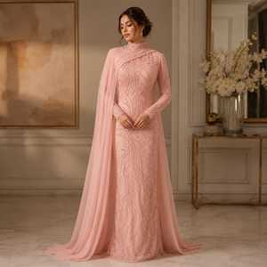 Robe de soirée de luxe rose poudré perlée avec manches cape, robe de créateur modeste, style Abaya islamique, caftan - Product Image 2