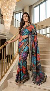 Sari en soie imprimé Ajarakh avec broderie miroir et bordure passepoilée, réversible, longueur ras du sol, coupe classique, robe ethnique pour femme pour mariage - Product Image 2