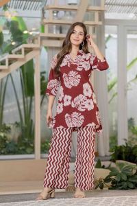 Women Maroon Printed Co-Ord Set Cotton Kurta & Pants 2 Piece Casual Outfit - Product Image 3