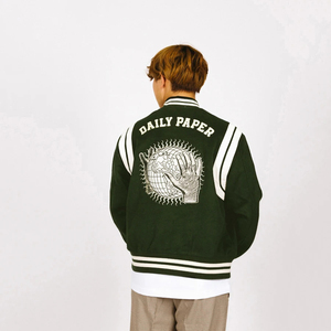 SINEWY SPORTS Men's Varsity Jacket Green 100% Cotton Wool Blend Embroidered Tiger Patch <b>Covered</b> <b>Button</b> Front Preppy Style Winter - Product Image 5