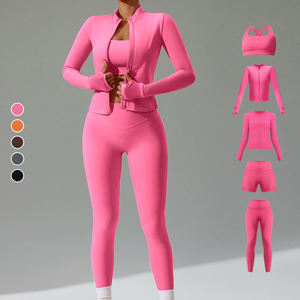 Ensemble de vêtements de sport pour femmes en 4 pièces, rose, soutien-gorge de sport extensible, veste zippée, haut court et leggings, coupe ajustée, vêtements de fitness - Product Image 1